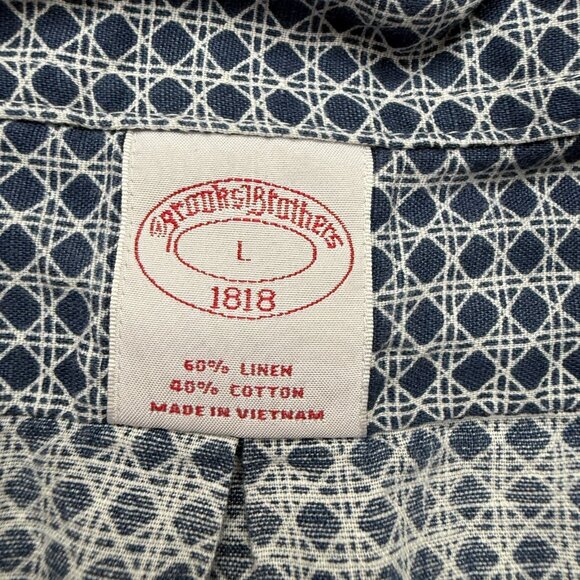Brooks Brothers Linen Camp Shirt Men L Blue Geometric Short Sleeve Cotton Blend - Picture 5 of 11